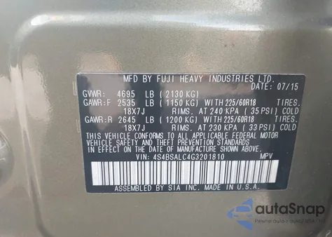 2016 Subaru Outback 2.5I Limited z USA, uszkodzony, nr VIN 4S4BSALC4G3201810